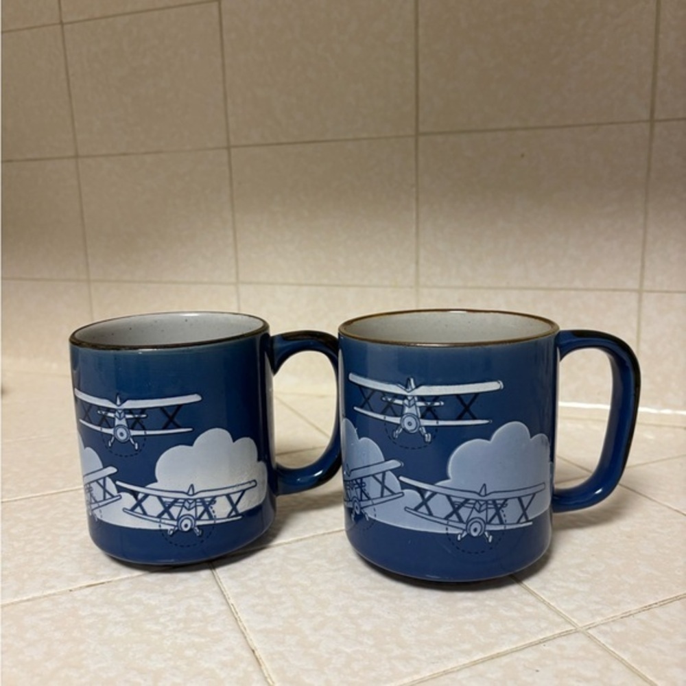 Otagiri Japan mugs featuring a biplane and cloud design